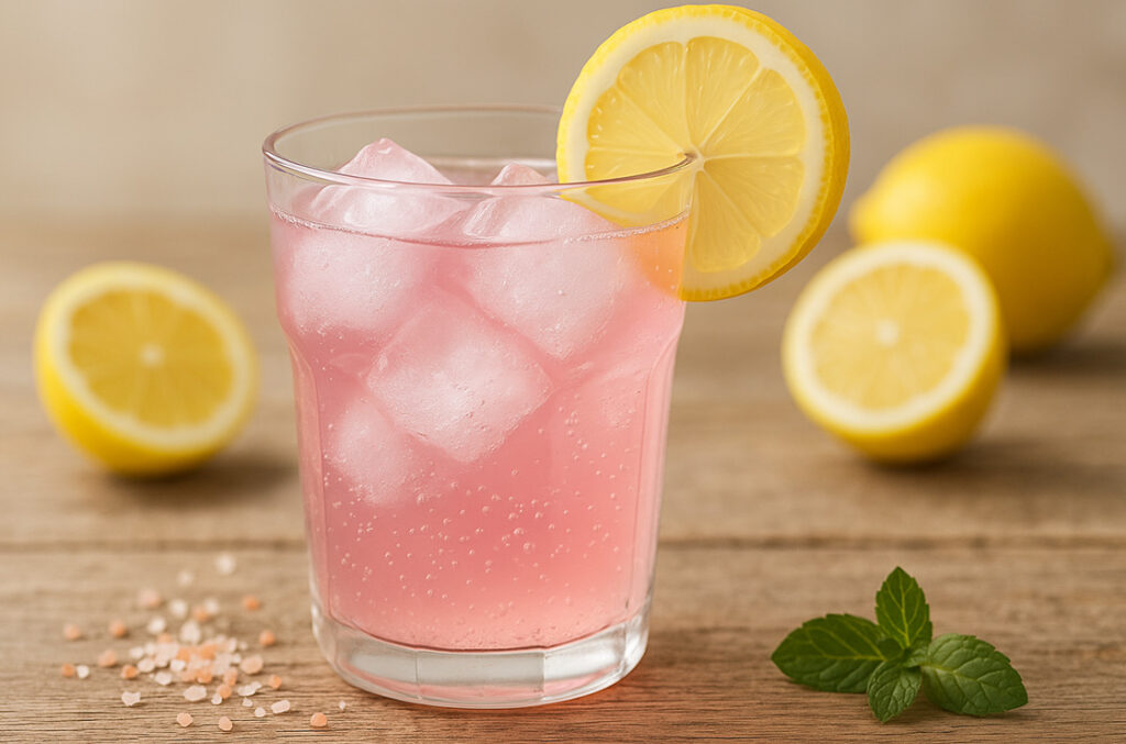 Pink Salt Trick recipes - A chilled pink lemonade with ice cubes and a lemon slice garnish, served in a clear glass on a rustic wooden surface