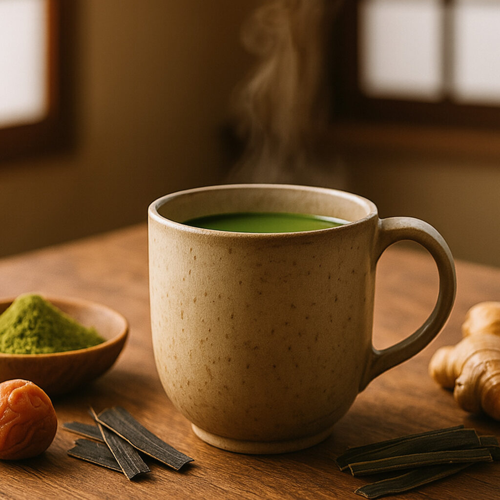 A ceramic mug of hot green Japanese Mounjaro Recipe tea with matcha powder, ginger root, umeboshi, and kombu on a wooden table